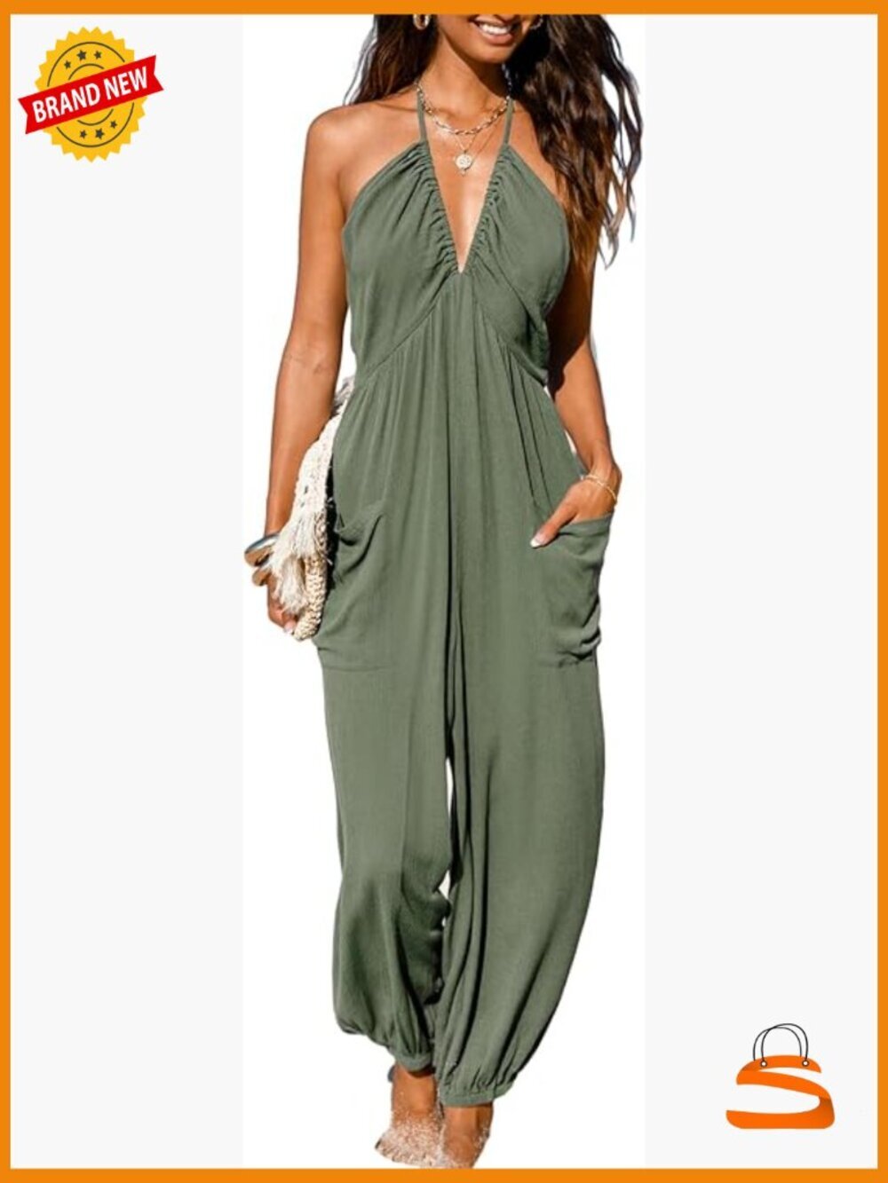 Plunge Halter Sleeveless Pleated Maxi Jumpsuit with Pockets